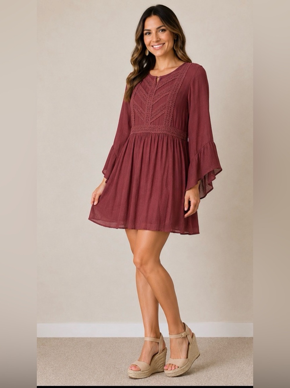 Boho Chic Rusty Brown Colored Crochet Detail Dress – Size Large ✨